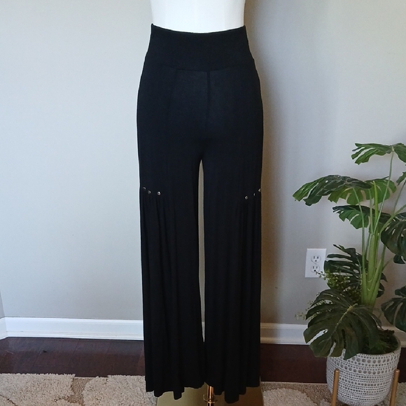 CARINE Pants - CARINE Black Wide-Leg Pants with Studs